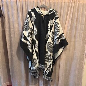 Black & White Patterned Hooded Cape Poncho